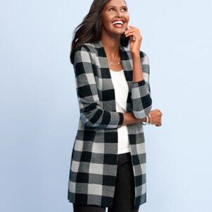 Talbots Size M Pure‎ Merino Wool Black Gray Buffalo Plaid Open Front Coatigan